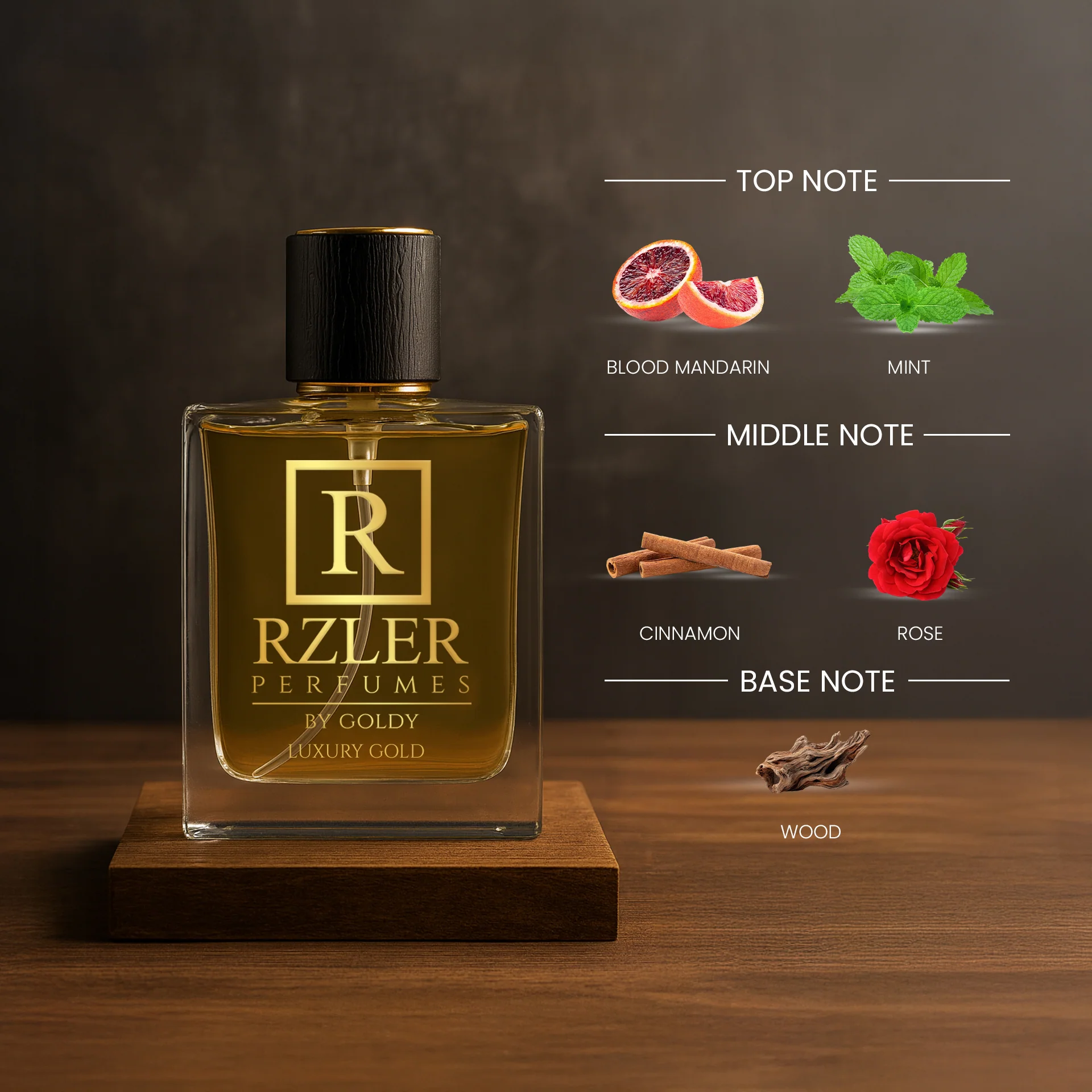RZLER Luxury Gold Perfume for Men 50 ml | Woody Spicy Leathery Notes | Long Lasting Fragrance - Image 3